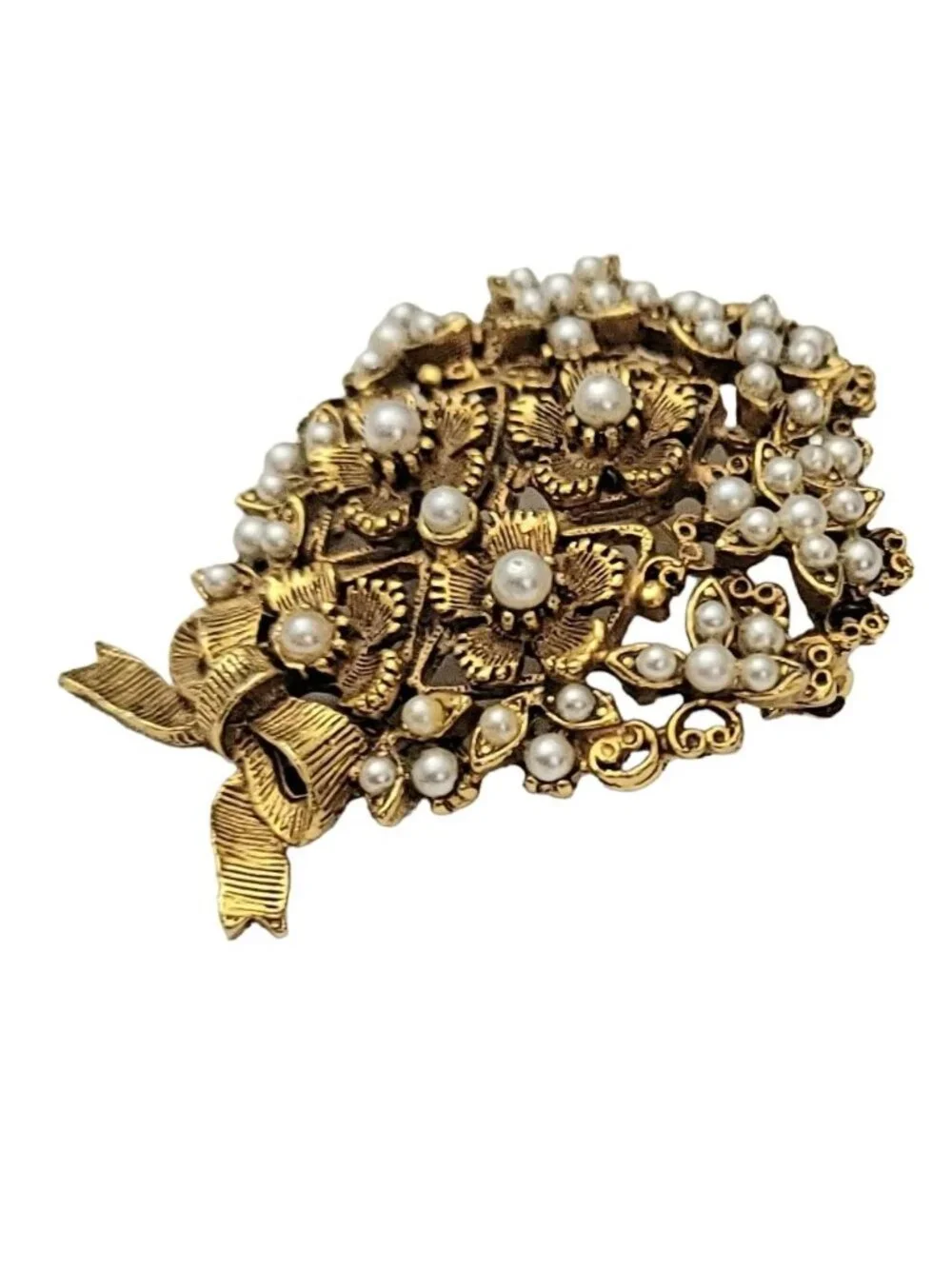 Florenza Gold Tone Faux Pearl Bouquet Of Flowers Pin Brooch, Signed M967